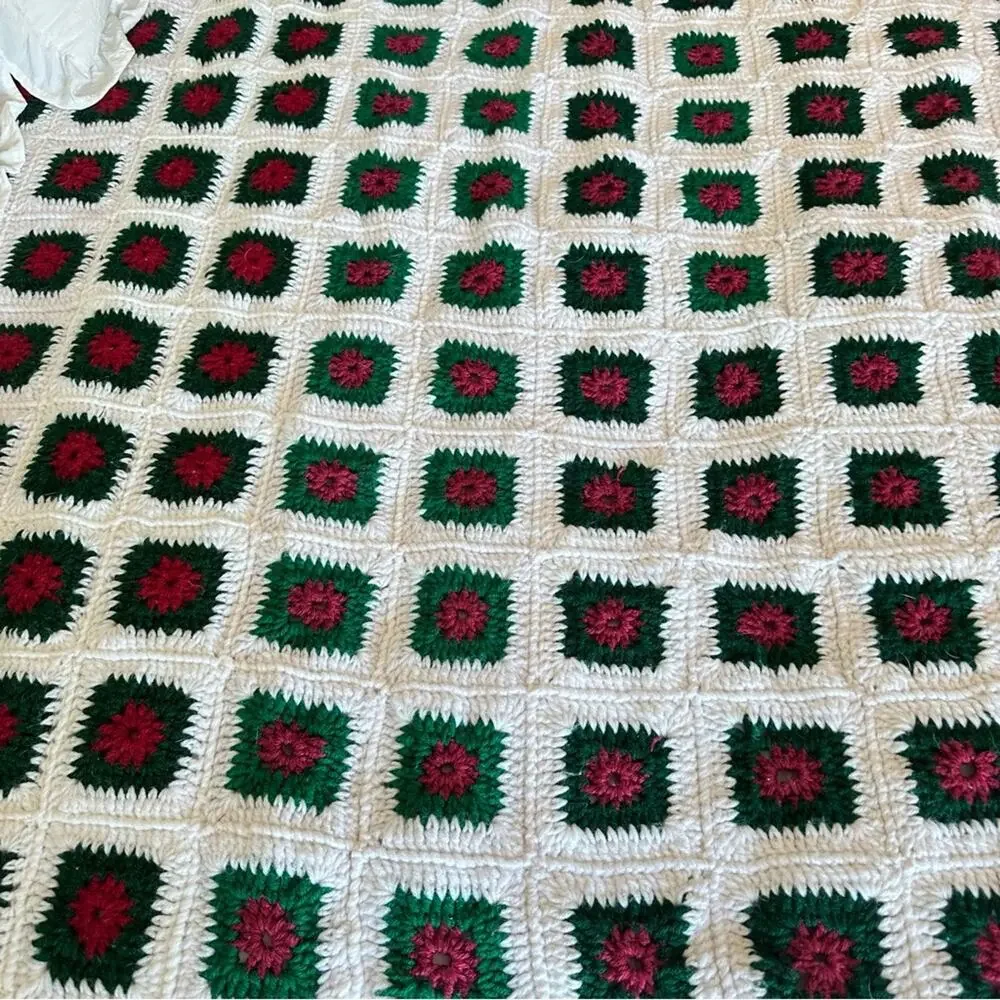 VTG Handmade Crochet Granny Square Blanket Afghan Throw LG Green White 72 X 68